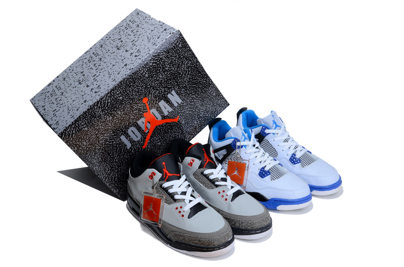 Limited Combine Grey Black Air Jordan 3 And White Blue Jordan 4 Shoes - Click Image to Close